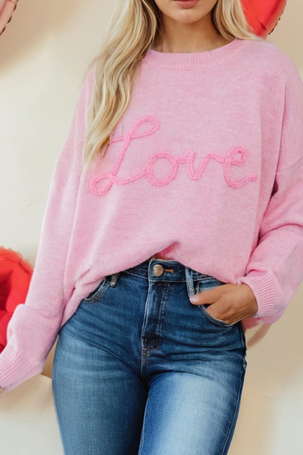 Valentines Corded Love Script Baggy Sweater: Pink