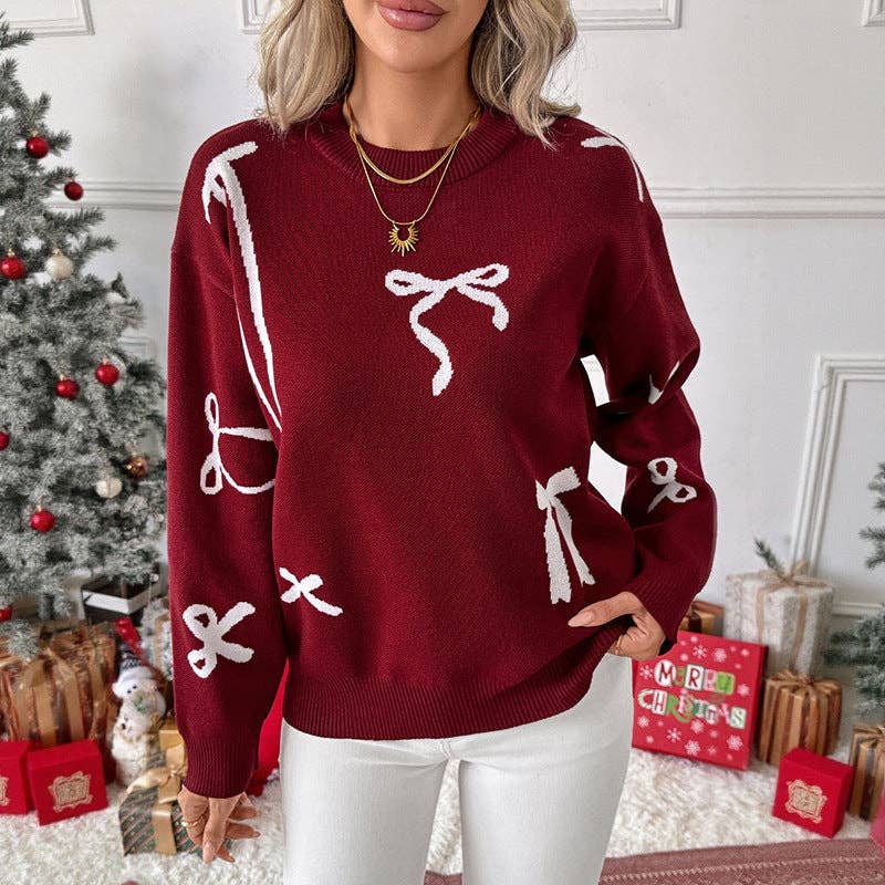 Red Bow Knit Christmas/Valentines Sweater Round Neck Pullover: Burgundy / 100%Polyester