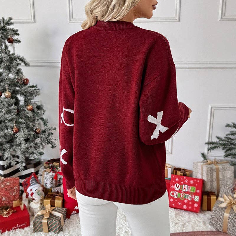 Red Bow Knit Christmas/Valentines Sweater Round Neck Pullover: Burgundy / 100%Polyester