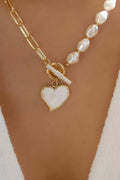 Heart Pendant Pearl Chain Necklace: Gold