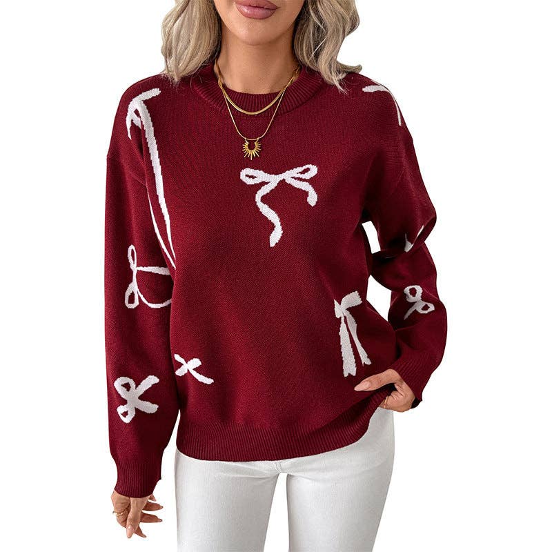 Red Bow Knit Christmas/Valentines Sweater Round Neck Pullover: Burgundy / 100%Polyester
