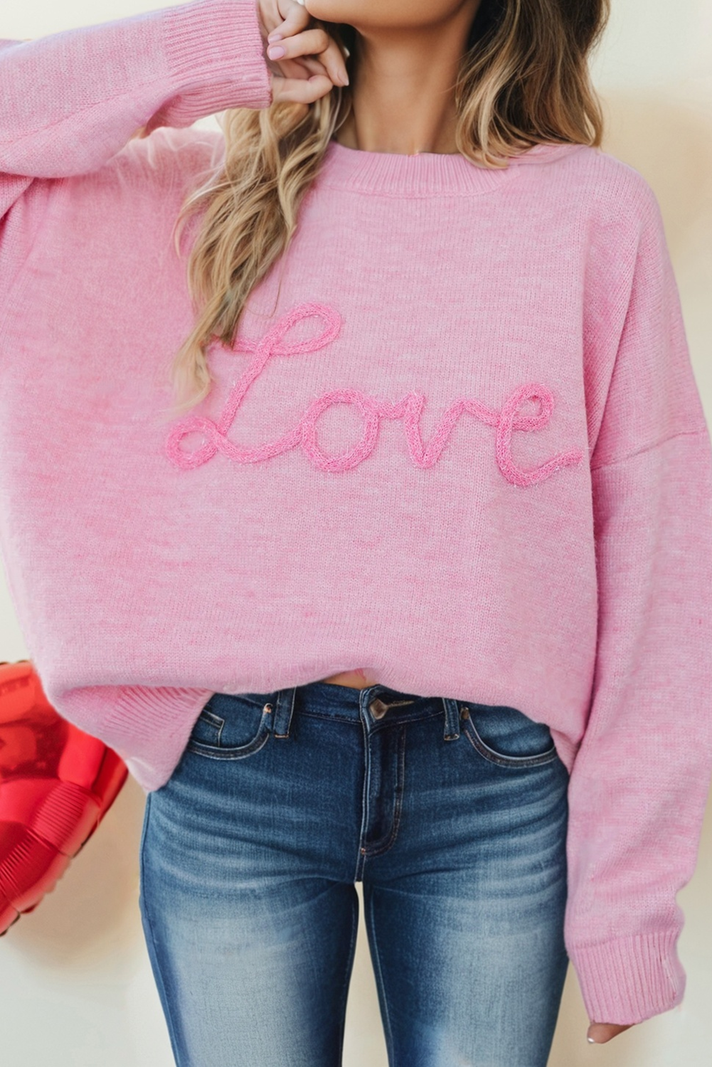 Valentines Corded Love Script Baggy Sweater: Pink