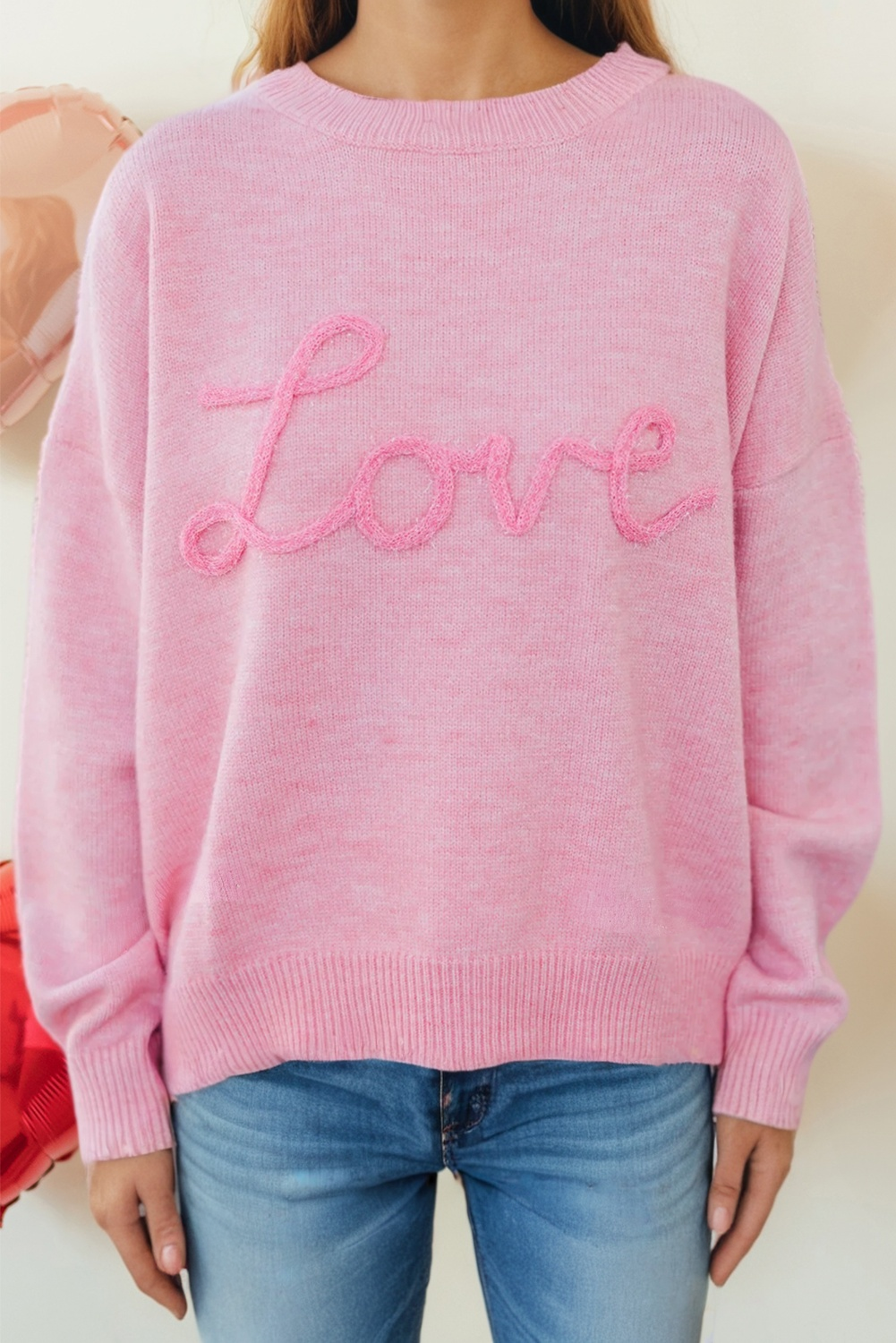 Valentines Corded Love Script Baggy Sweater: Pink