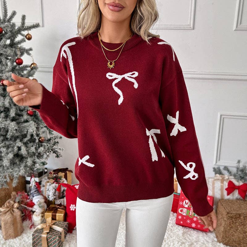 Red Bow Knit Christmas/Valentines Sweater Round Neck Pullover: Burgundy / 100%Polyester